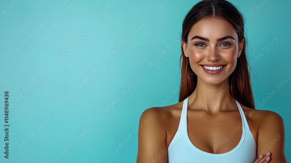 Smiling young caucasian female against aqua background Smiling young caucasian female against aqua background