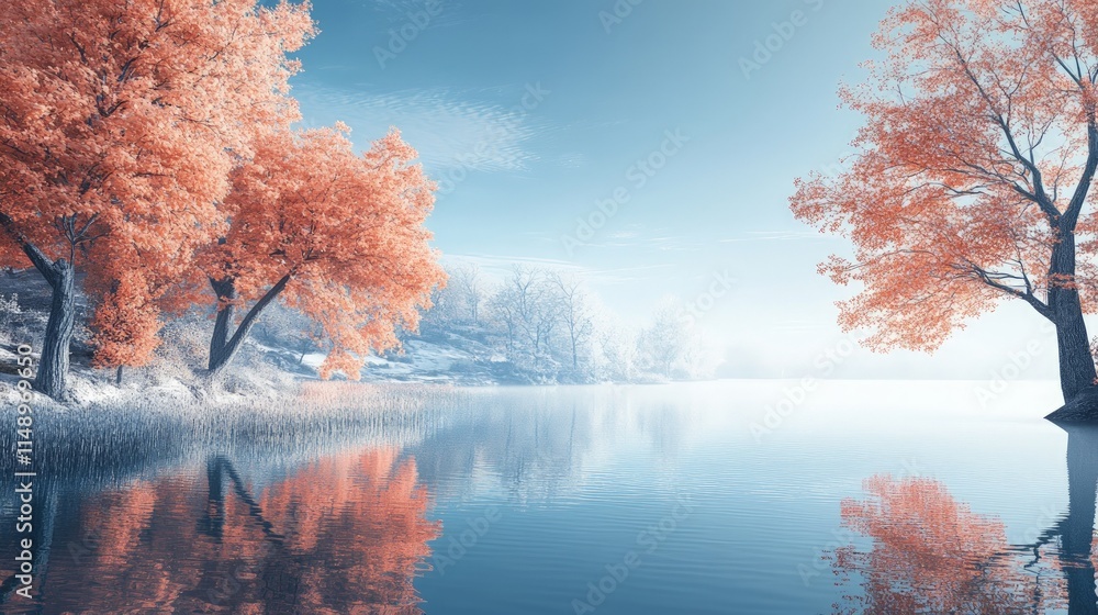 Naklejka premium Tranquil Autumn Scene with Vibrant Orange Trees and Serene Lake