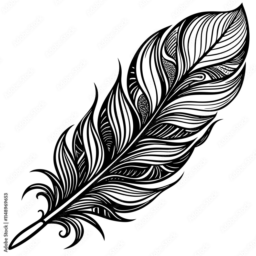 Intricate Detailed Feather with Flowing Lines Design Intricate Detailed Feather with Flowing Lines Design