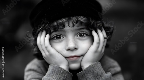 Pensieve Child: A Black and White Portrait of Youthful Contemplation photo