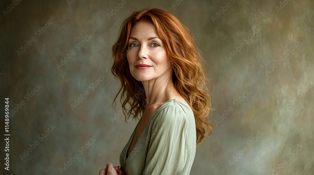 Mature caucasian female with red hair in elegant green dress posing gracefully in soft light