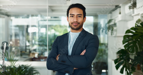 Portrait, arms crossed and lawyer with business man in office for advocate, confidence and attorney clerk. Professional, legal counsel and opportunity with male employee in law firm of Indonesia photo