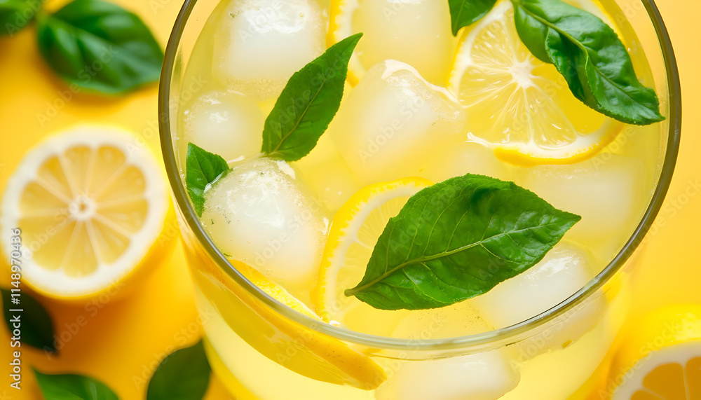 Refreshing lemonade with basil and ice cubes Refreshing lemonade with basil and ice cubes