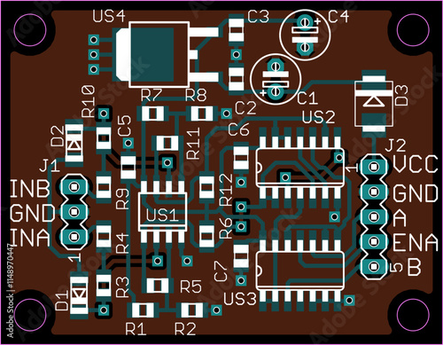 Vector printed circuit board of electronic 
device with components of radio elements, 
conductors and contact pads placed on pcb. 
Engineering technical drawing.
Computer technic cad design.