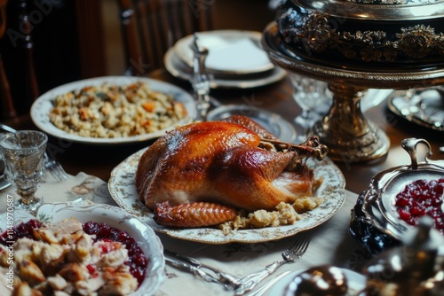 Roasted Turkey Feast on Thanksgiving Dinner Table photo