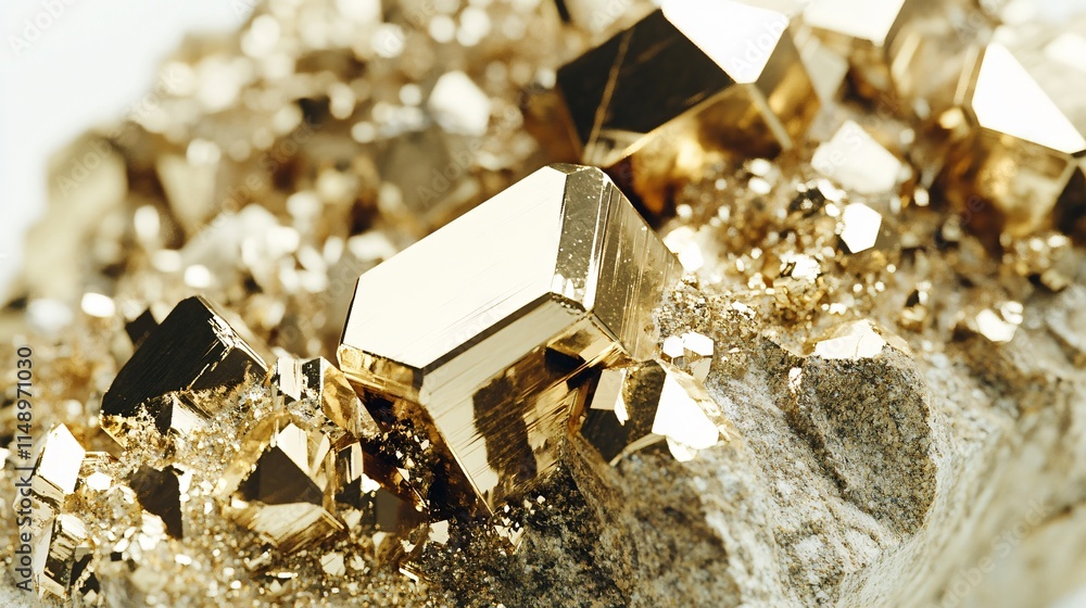 Realistic close-up of a piece of pyrite (fool’s gold) with a shiny, brassy surface and cubic crystal formations on a white background Realistic close-up of a piece of pyrite (fool’s gold) with a shiny, brassy surface and cubic crystal formations on a white background