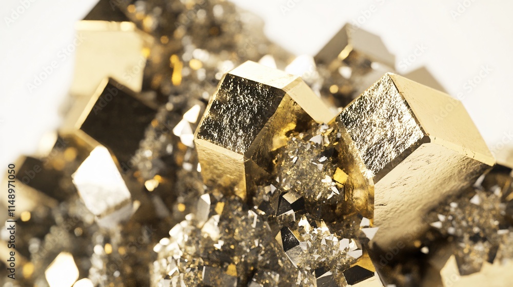Realistic close-up of a piece of pyrite (fool’s gold) with a shiny, brassy surface and cubic crystal formations on a white background Realistic close-up of a piece of pyrite (fool’s gold) with a shiny, brassy surface and cubic crystal formations on a white background