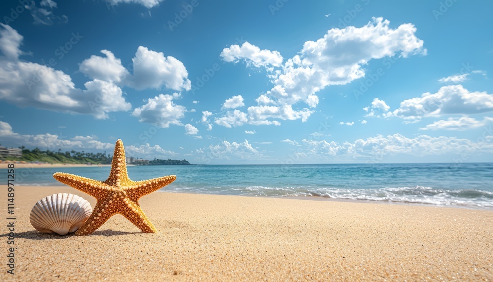 Starfish and Seashell on Sandy Beach Under Blue Sky Starfish and Seashell on Sandy Beach Under Blue Sky