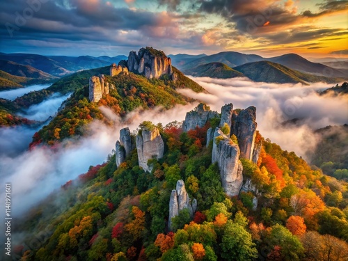 Dramatic Fog-Shrouded Seneca Rocks Aerial View - West Virginia Landscape Photography photo