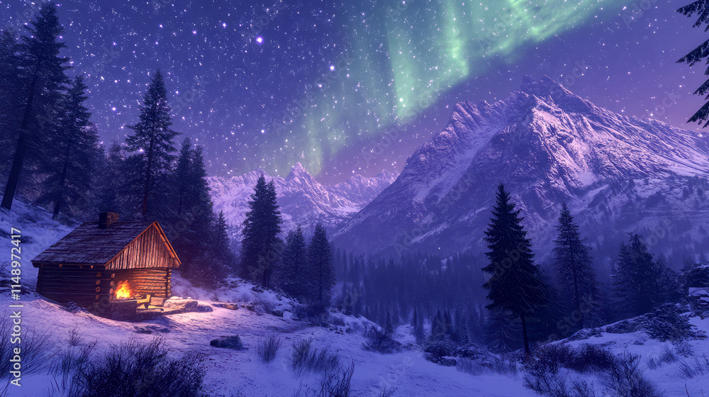 Fototapeta premium Cozy cabin in snowy mountain landscape under northern lights