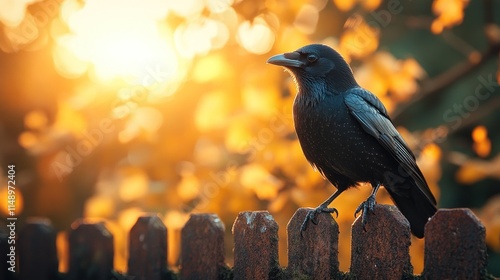 A crow perched on a wooden fence with a warm, glowing sunset in the background. photo