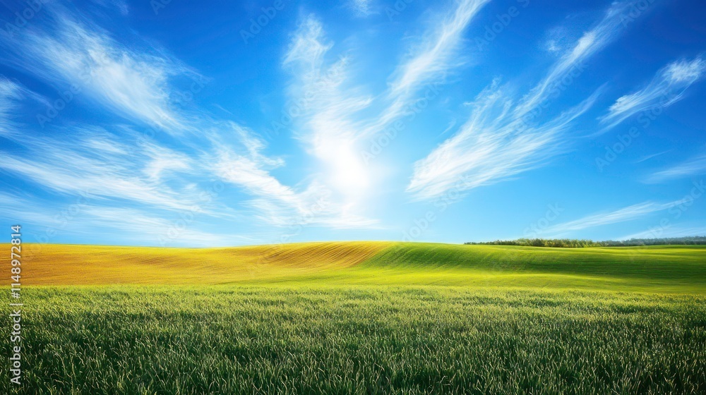 Fototapeta premium Sunny day over rolling green and gold fields under a vibrant blue sky with fluffy white clouds.