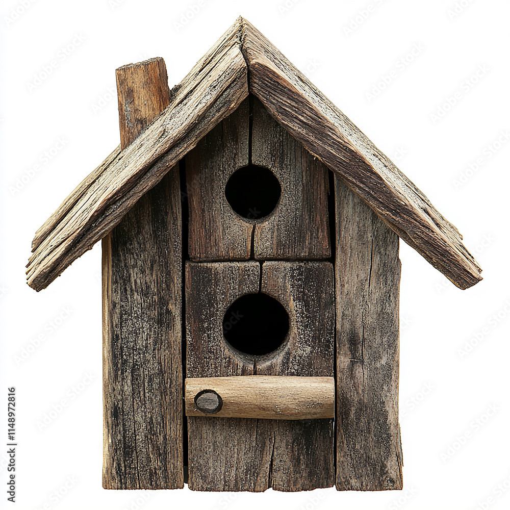 Rustic Birdhouse with Natural Wood Finish on a White Background Rustic Birdhouse with Natural Wood Finish on a White Background