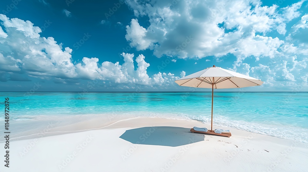 Obraz premium Idyllic beach scene white sand, turquoise water, parasol, and towels.