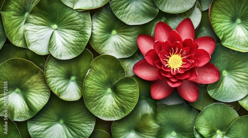 Red water lily flower with yellow center surrounded by lush green lily pads