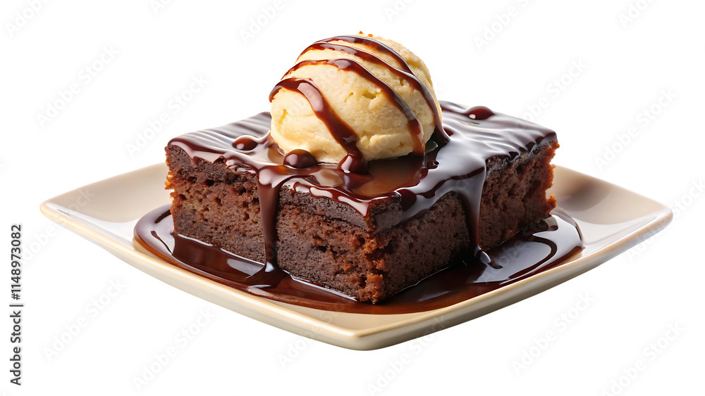 Chocolate brownie with chocolate syrup and vanilla ice-cream scoop in white tray isolated on transparent background Chocolate brownie with chocolate syrup and vanilla ice-cream scoop in white tray isolated on transparent background