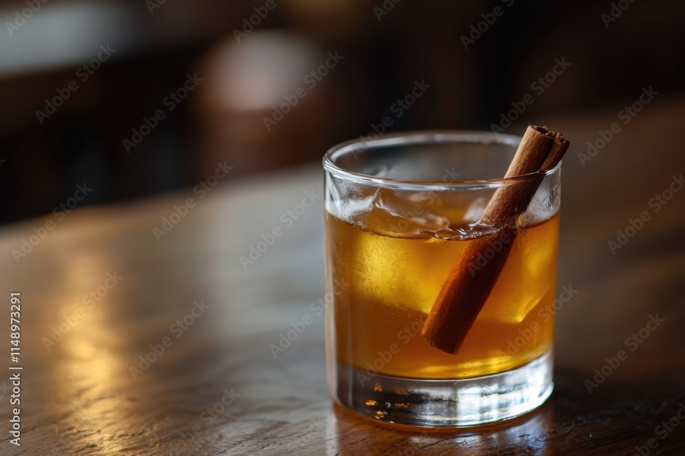Cozy drink with a cinnamon stick served in a glass on a wooden table in an inviting space Cozy drink with a cinnamon stick served in a glass on a wooden table in an inviting space