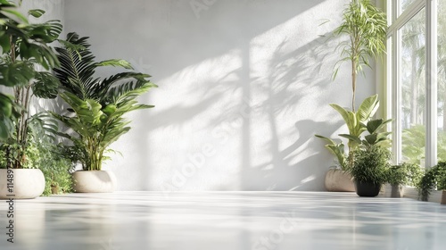 Bright and Serene Indoor Space Filled With Greenery, Showcasing Large Plants in Minimalist Pots Beside a Sunlit Window During the Daytime