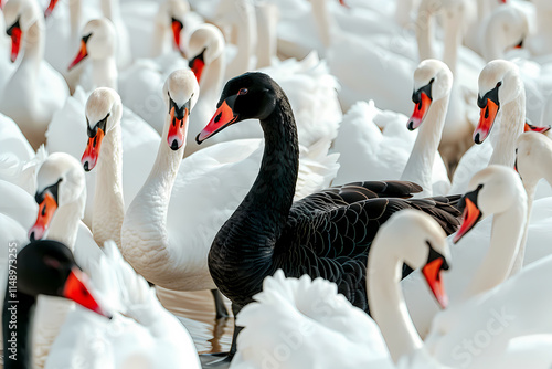 A beautiful black swan and a flock of white swans photo