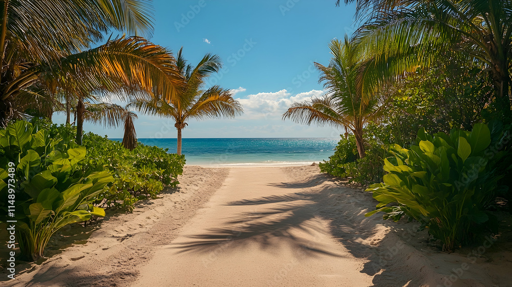 Florida Beach Sand Pathway with palm trees and ocean breeze, tropical seaside retreat Florida Beach Sand Pathway with palm trees and ocean breeze, tropical seaside retreat