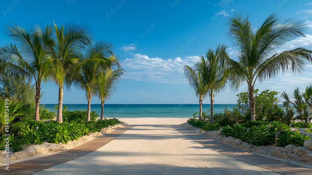 Florida Beach Sand Pathway with palm trees and ocean breeze, tropical seaside retreat Florida Beach Sand Pathway with palm trees and ocean breeze, tropical seaside retreat