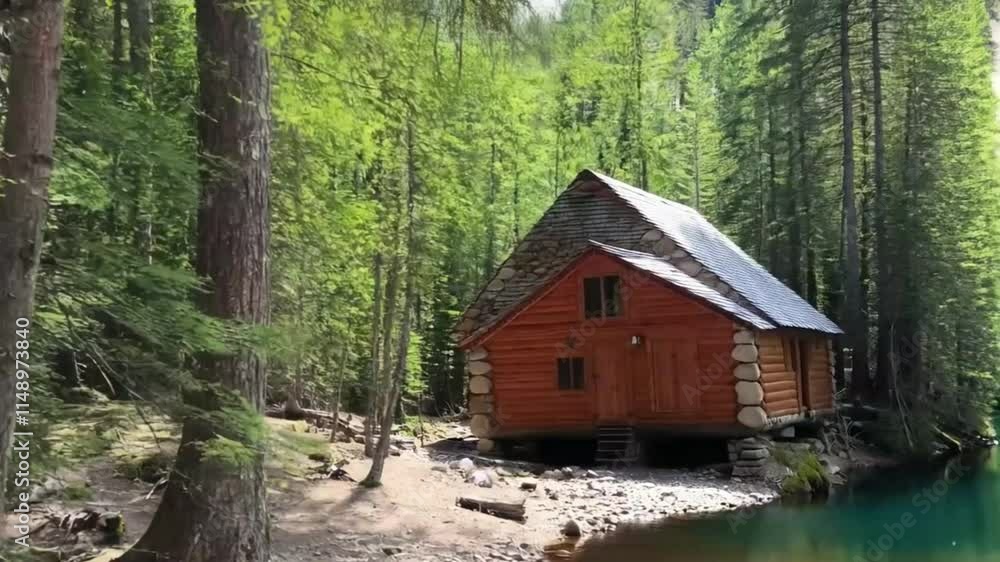 Captivating 4k Time-Lapse Animation of Wooden Cabin by Forest River in Majestic Nature Captivating 4k Time-Lapse Animation of Wooden Cabin by Forest River in Majestic Nature