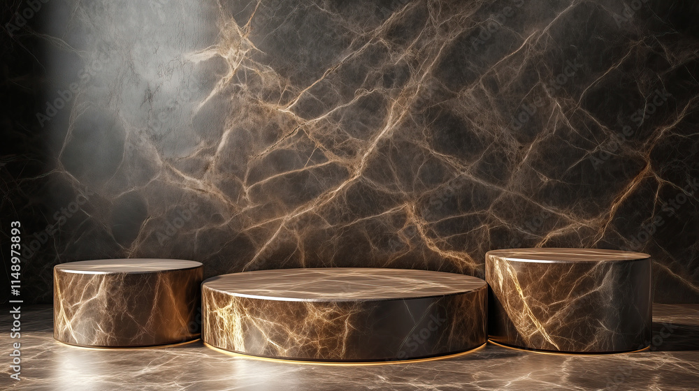 close up of empty brown marble round cylinder pedestal display or podium platform   