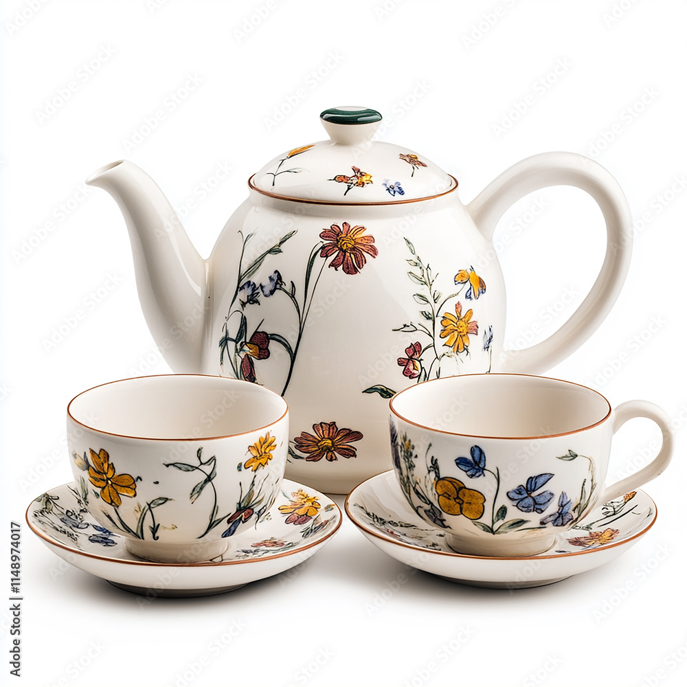 Ceramic Tea Set with Floral Patterns, Isolated on White Background Ceramic Tea Set with Floral Patterns, Isolated on White Background