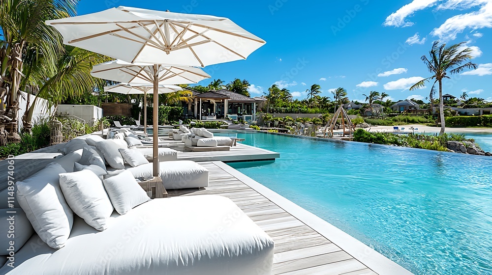 Fototapeta premium Luxury resort poolside with white lounge chairs and umbrellas.