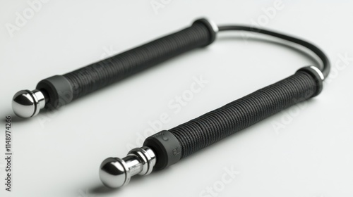 Close-up of a pair of black and silver weighted exercise nunchaku on a white background. photo