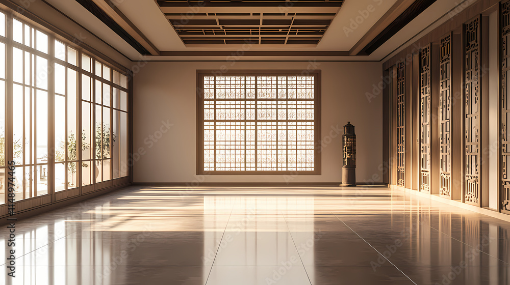 Chinese style empty room and screen, 3d rendering. Immemorial. Illustration