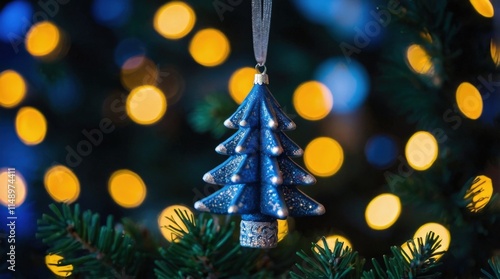 Blue Christmas toy, blurred background, tree and garlands in the background