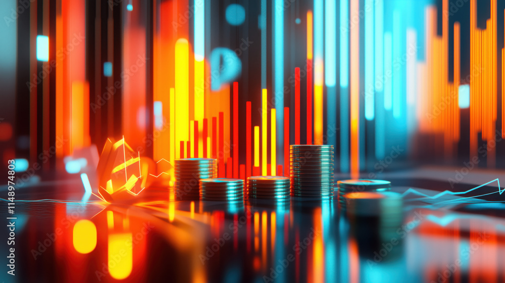 3D Visualization of Financial Trends with Stacks of Coins as Bar Graph Elements, Surrounded by Virtual Indicators and Upward Arrows 3D Visualization of Financial Trends with Stacks of Coins as Bar Graph Elements, Surrounded by Virtual Indicators and Upward Arrows