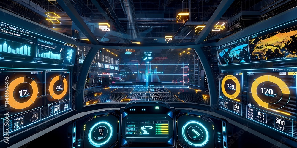 Naklejka premium A virtual reality interface showing real-time KPI data in an immersive 3D environment, allowing users to interact with and analyze performance metrics in an innovative and engaging way