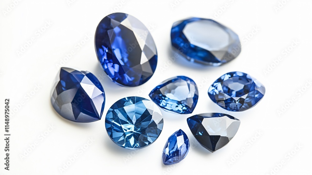 Realistic arrangement of a collection of sapphires in various shades of blue, from deep navy to light sky blue, showcasing their smooth Realistic arrangement of a collection of sapphires in various shades of blue, from deep navy to light sky blue, showcasing their smooth