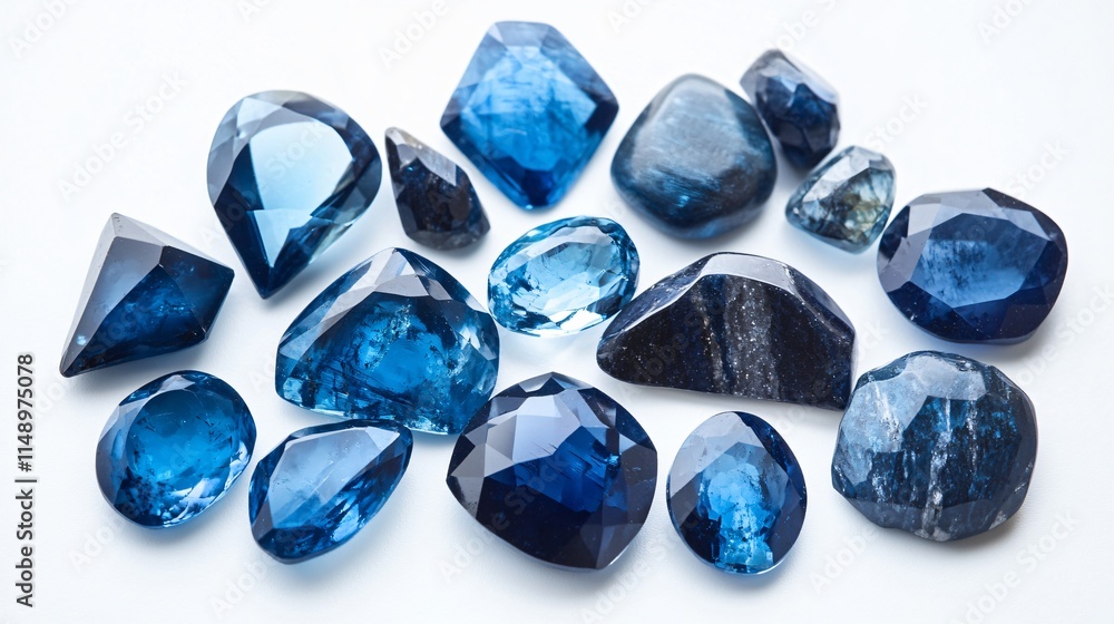 Realistic arrangement of a collection of sapphires in various shades of blue, from deep navy to light sky blue, showcasing their smooth Realistic arrangement of a collection of sapphires in various shades of blue, from deep navy to light sky blue, showcasing their smooth