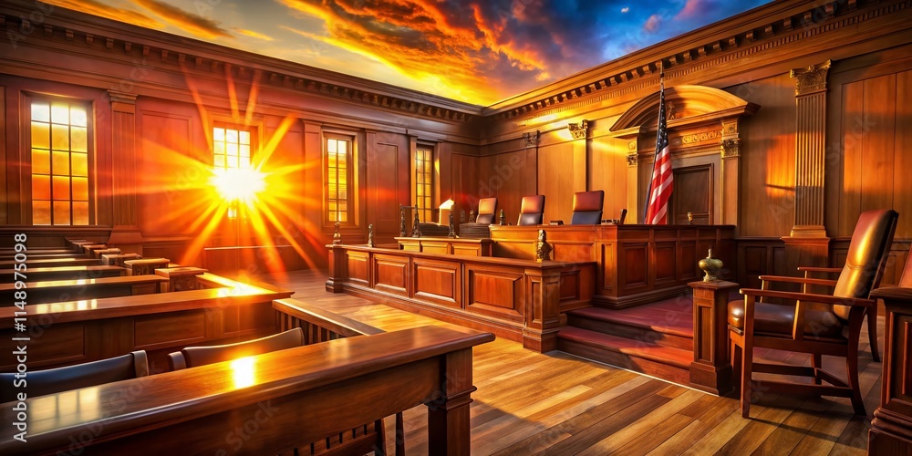 Dramatic Sunset Shadows in Empty Courtroom - Judge's Bench Dramatic Sunset Shadows in Empty Courtroom - Judge's Bench