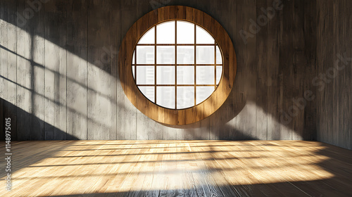 Fototapeta Naklejka Na Ścianę i Meble -  Empty room with round wood window, 3d rendering. Immemorial. Illustration