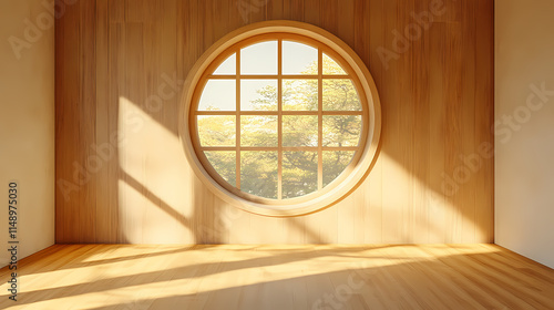 Fototapeta Naklejka Na Ścianę i Meble -  Empty room with round wood window, 3d rendering. Immemorial. Illustration