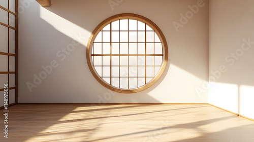 Fototapeta Naklejka Na Ścianę i Meble -  Empty room with round wood window, 3d rendering. Immemorial. Illustration