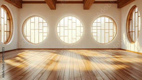 Empty room with wooden floors and white walls. chinese-style round windows. Immemorial. Illustration