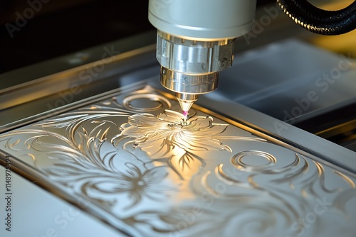 A laser engraving machine etching intricate floral patterns onto a shiny metallic surface photo