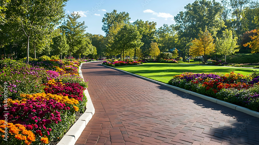 Obraz premium New York Park Brick Pathway with manicured lawns and flower beds, elegant urban trail