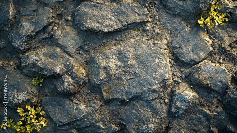 Dark Grey Rocky Surface With Small Yellow Plants Dark Grey Rocky Surface With Small Yellow Plants