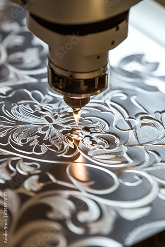 A laser engraving machine etching intricate floral patterns onto a shiny metallic surface photo