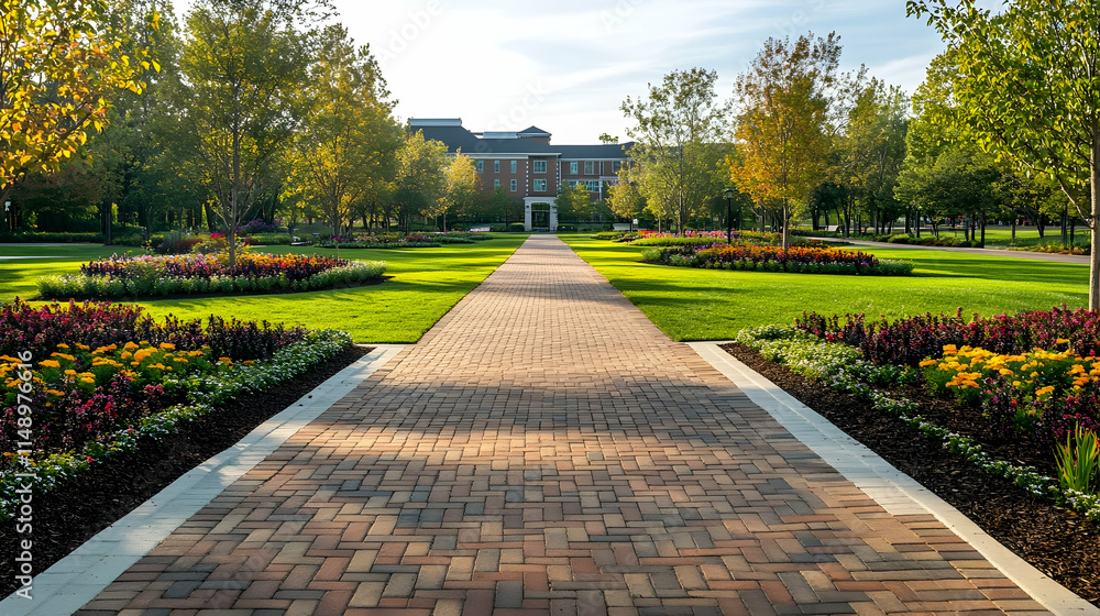 Fototapeta premium New York Park Brick Pathway with manicured lawns and flower beds, elegant urban trail
