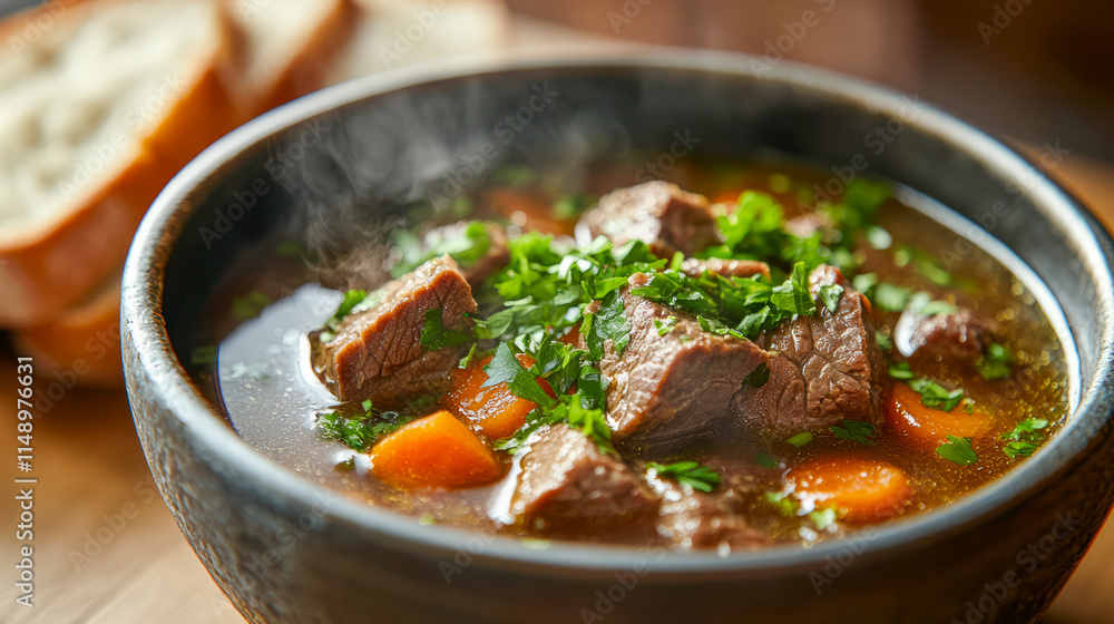 Hearty beef stew with fresh vegetables and herbs in a rustic bowl Hearty beef stew with fresh vegetables and herbs in a rustic bowl