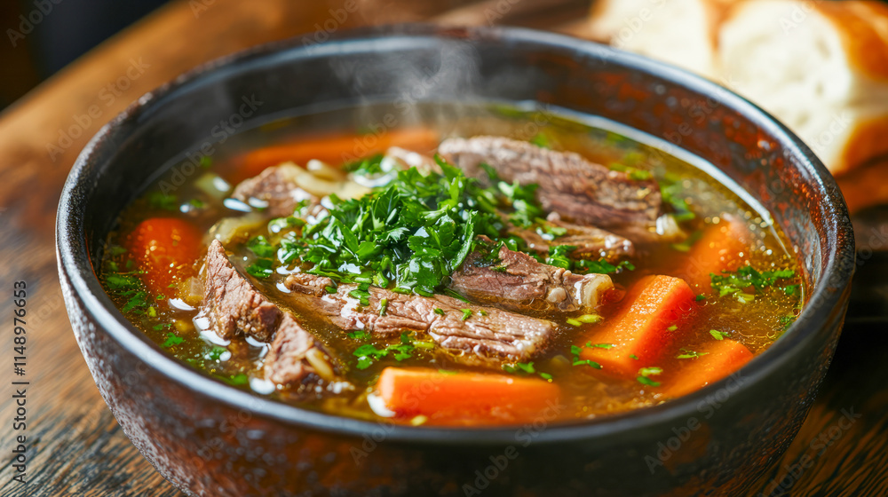 Hearty beef stew with carrots and fresh herbs in a rustic bowl Hearty beef stew with carrots and fresh herbs in a rustic bowl