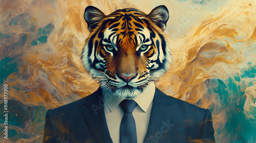 A tiger head seamlessly blends with a tailored suit against an abstract backdrop. the image juxtaposes wild animal instincts with modern human sophistication. Immemorial. Illustration photo