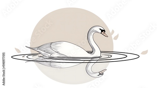 Elegant white swan gracefully swimming on calm water, reflected in the surface, minimalist style illustration. photo